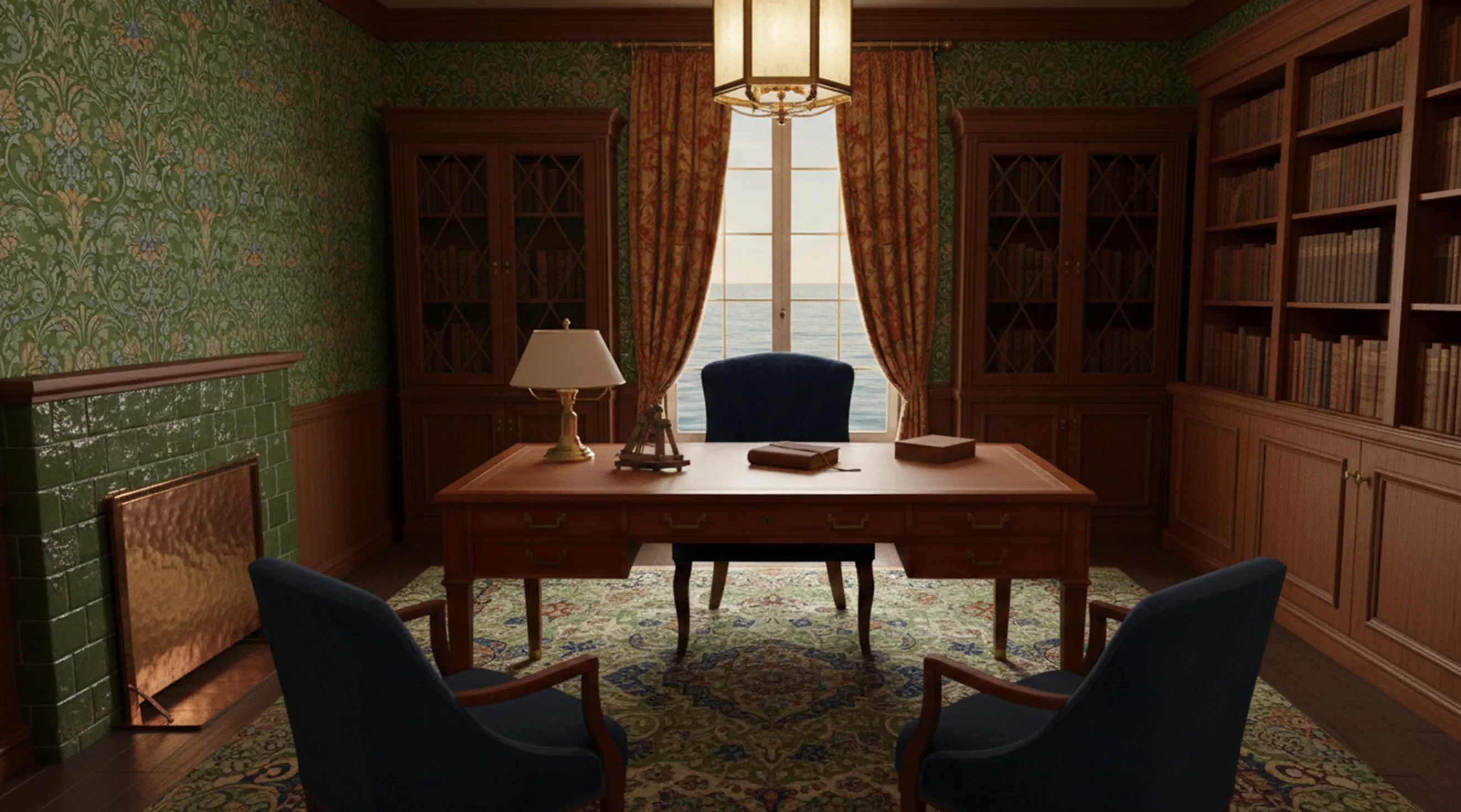 प्राचीन डेस्क जैम-मिशेल-फ्रांक एक अच्छी ऑफिस में, एक लैंप और किताबों के साथ