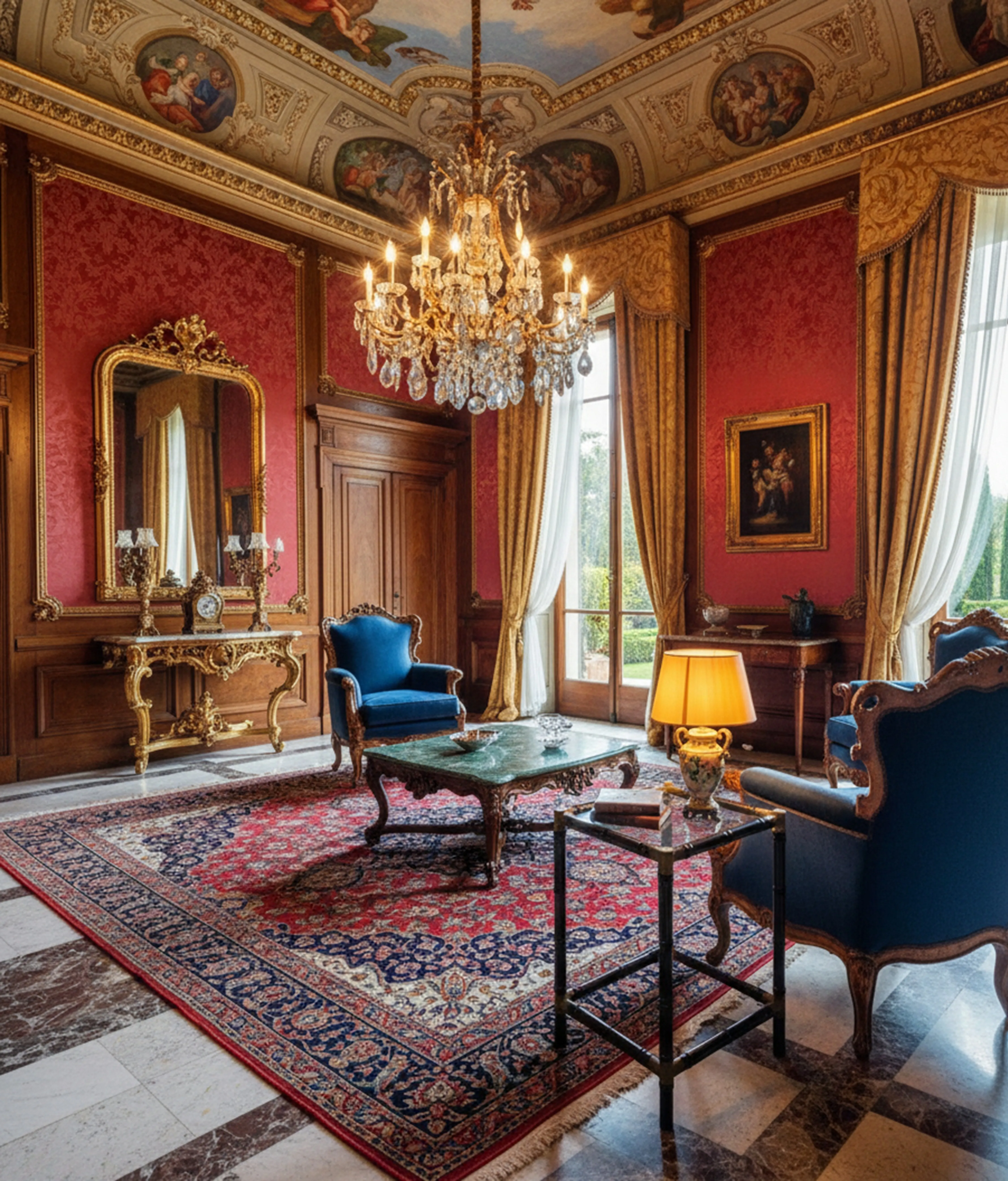 antique small table with ornate details, in an elegant setting with chandeliers and luxurious furniture