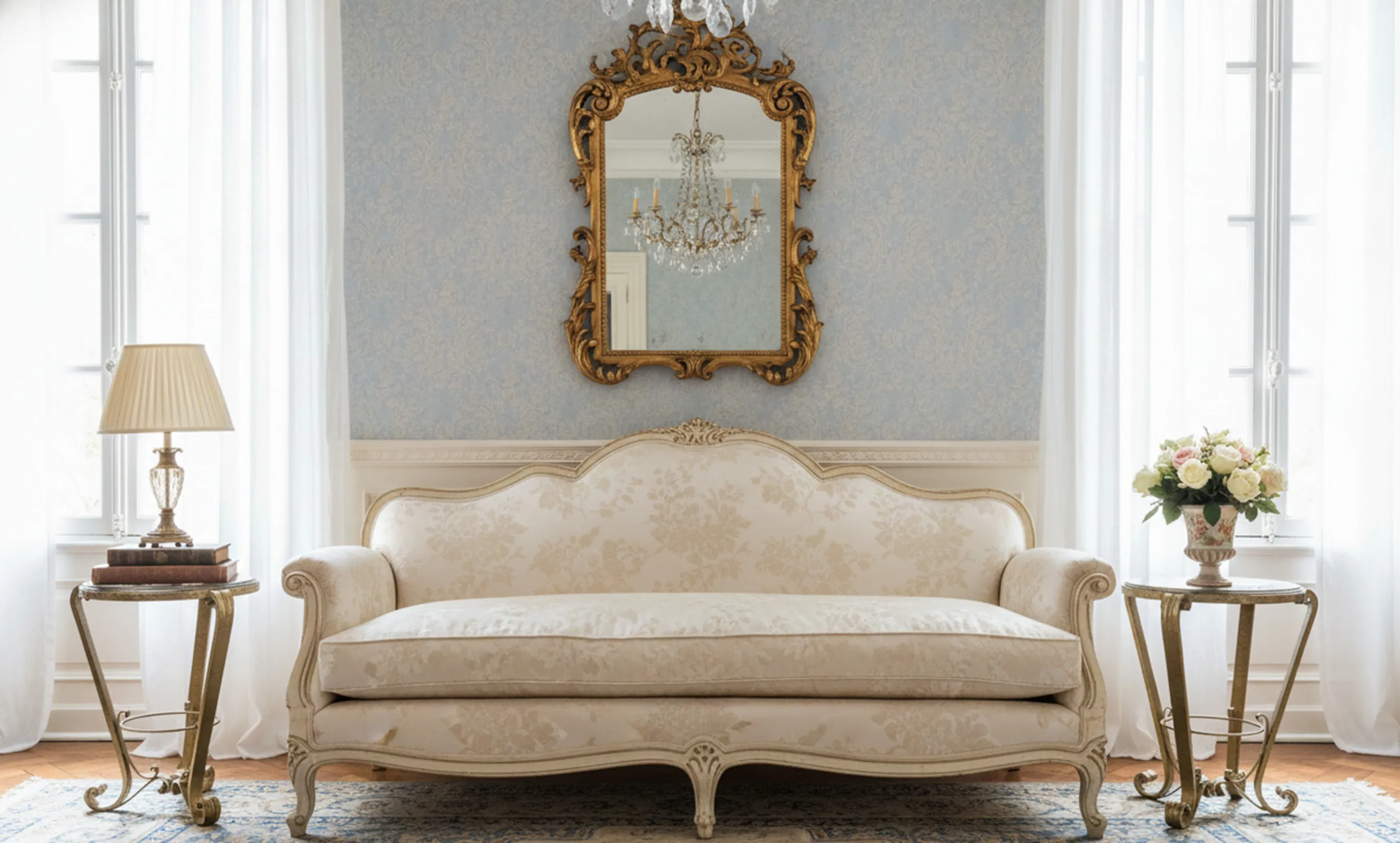 2 small antique tables in an elegant living room with a sofa and lamp