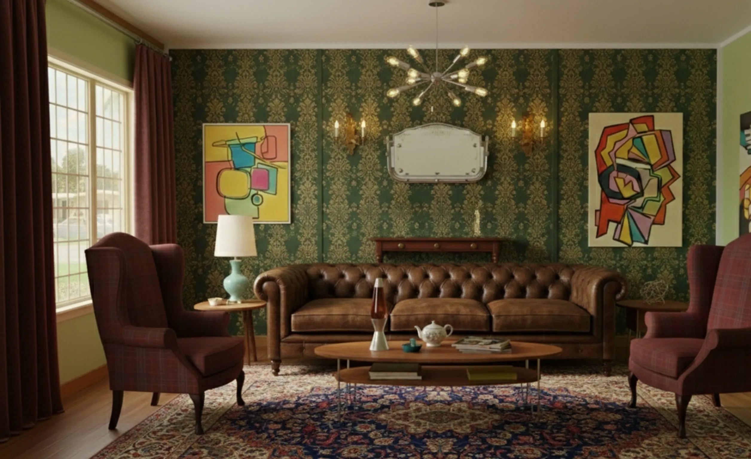 antique mirror hanging on a green wall with colorful artwork