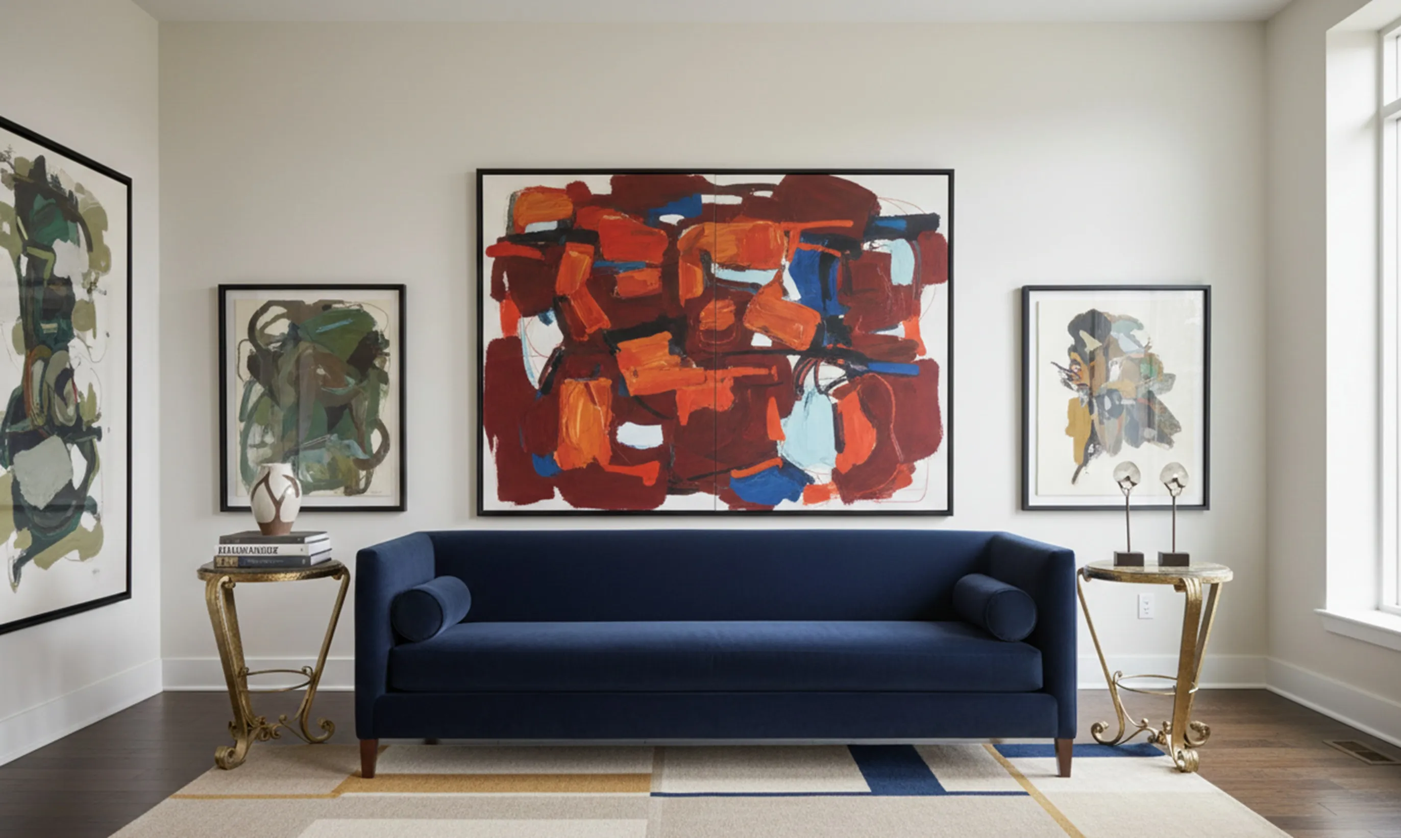 Two antique small tables in a modern living room.