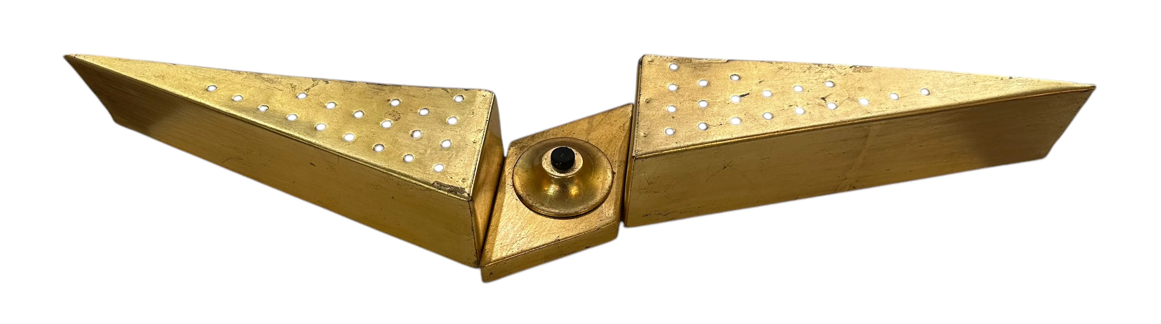 Antique sconce with angular design for wall lighting, featuring decorative perforations.