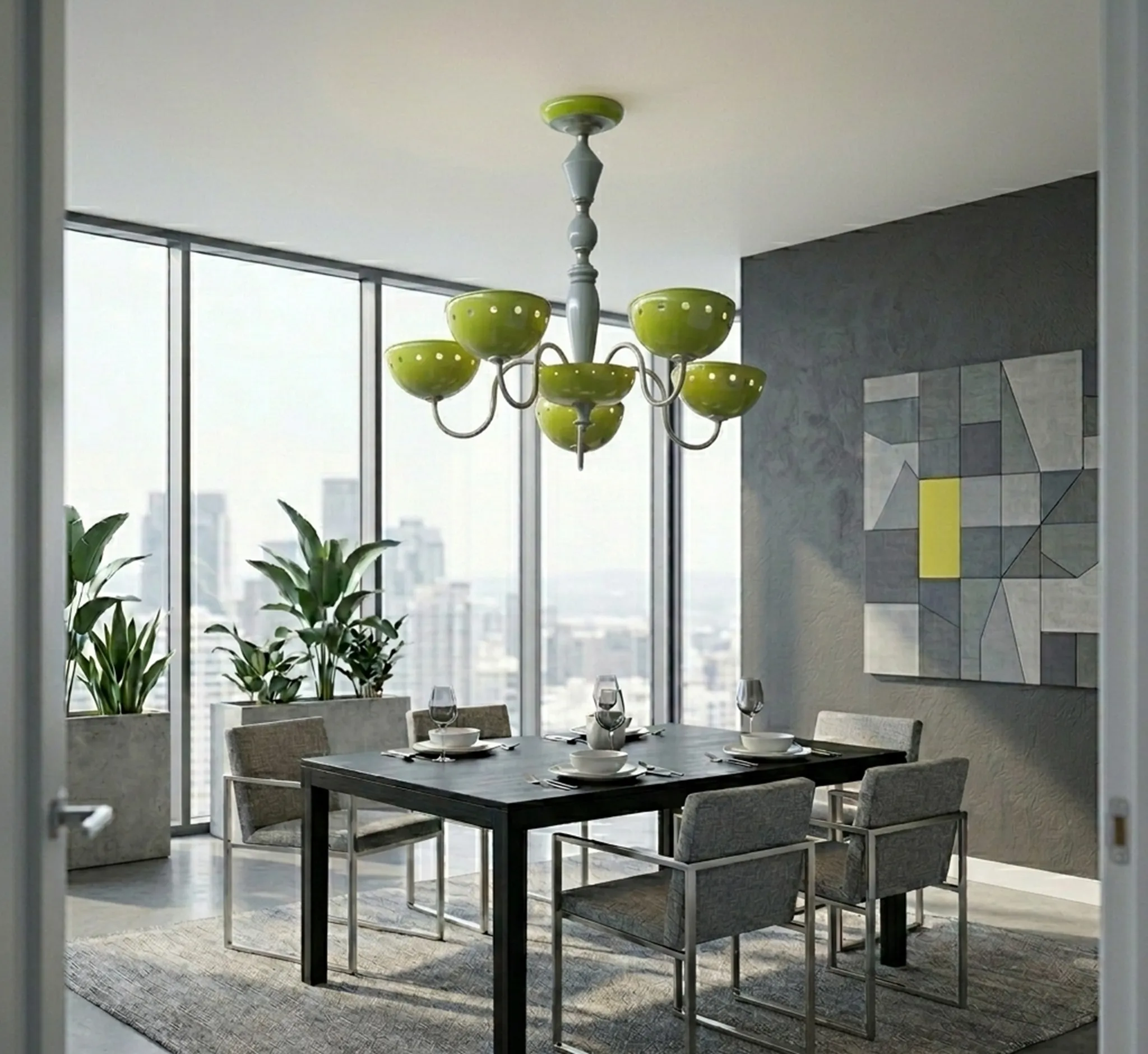 Antique hanging lamp with five green shades in a modern dining room