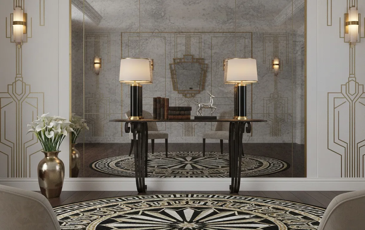 antique console table with lamps and decor