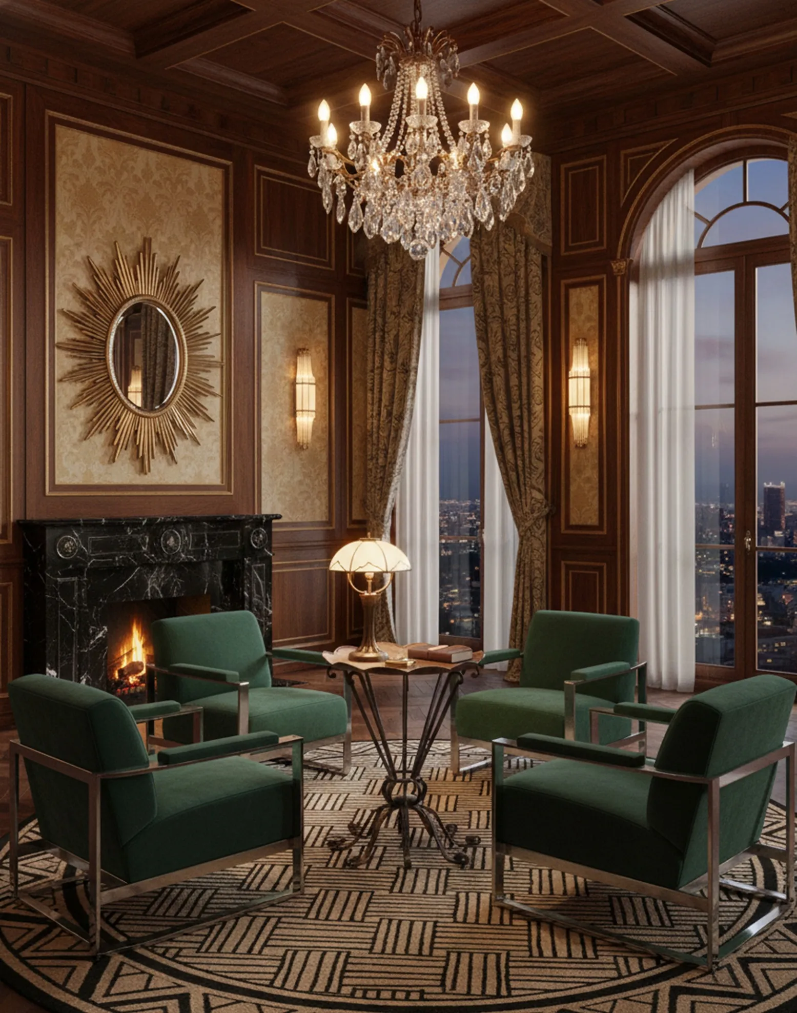 Antique table in an elegant living room with chandelier and armchairs