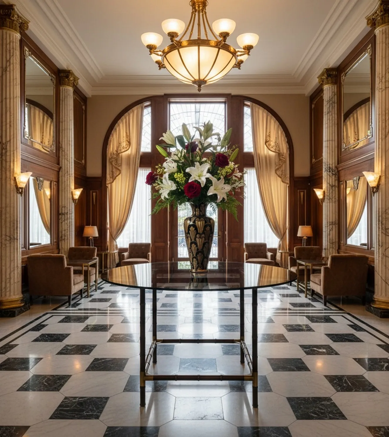antique dining table for 4 people in elegant setting with flowers