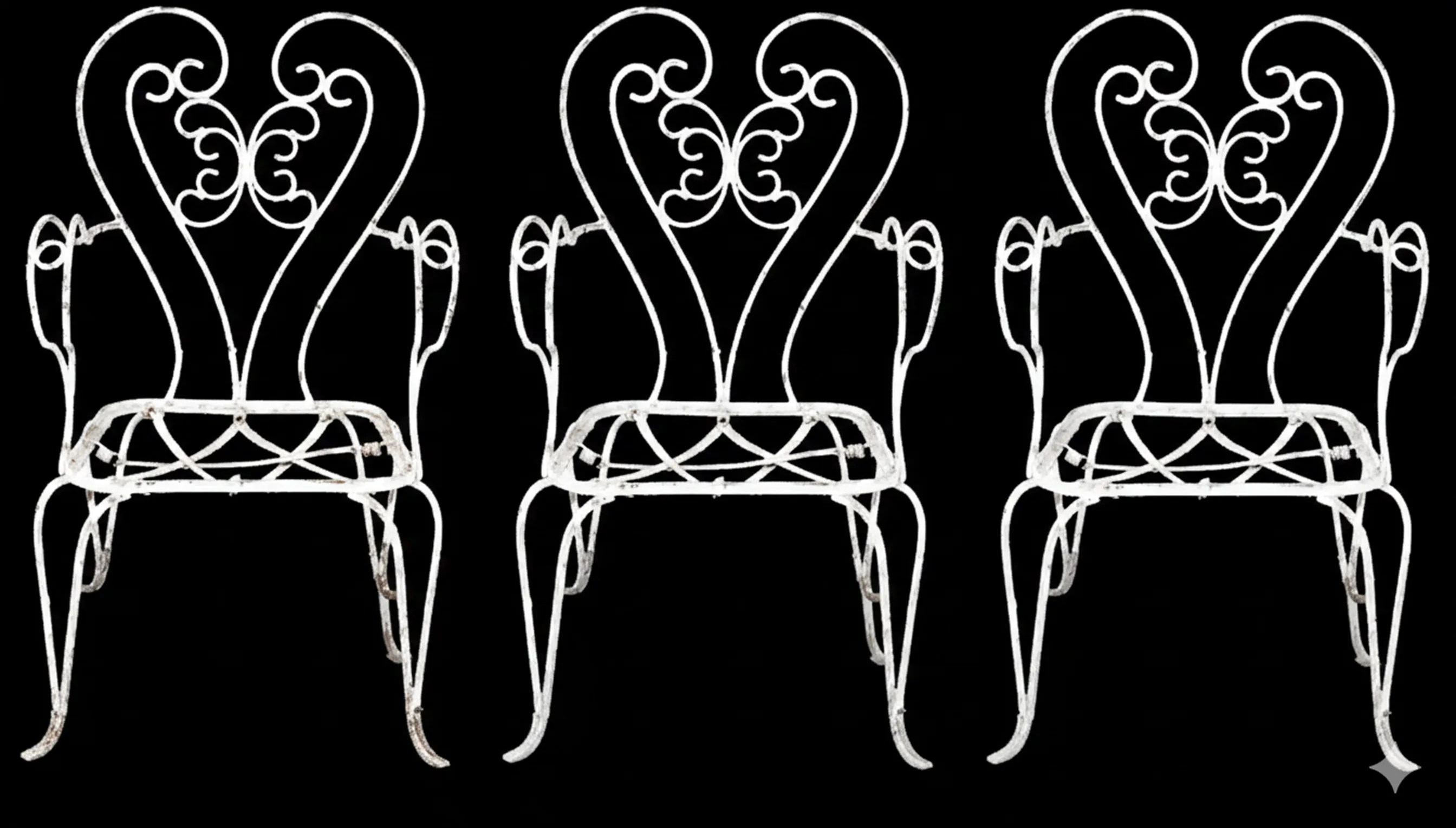 Three antique garden armchairs with elegant design in view