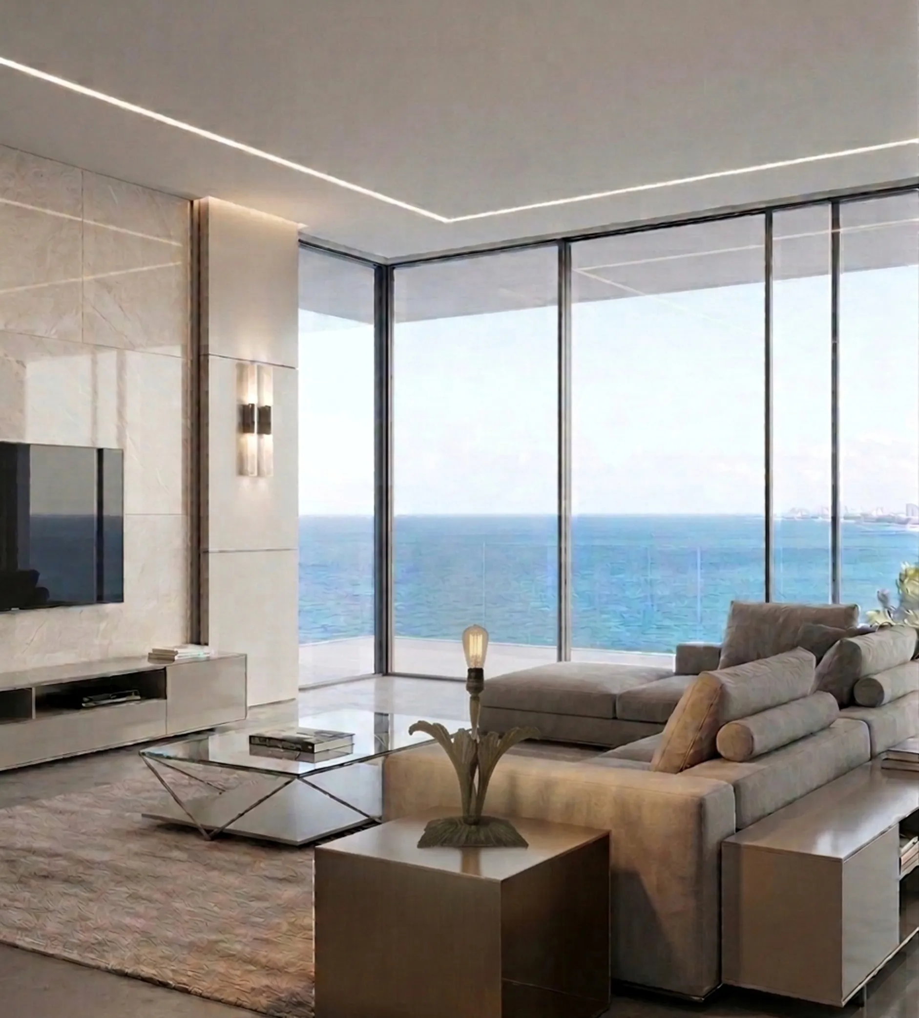 Luminária de mesa antiga com design elegante em sala moderna em frente ao mar.