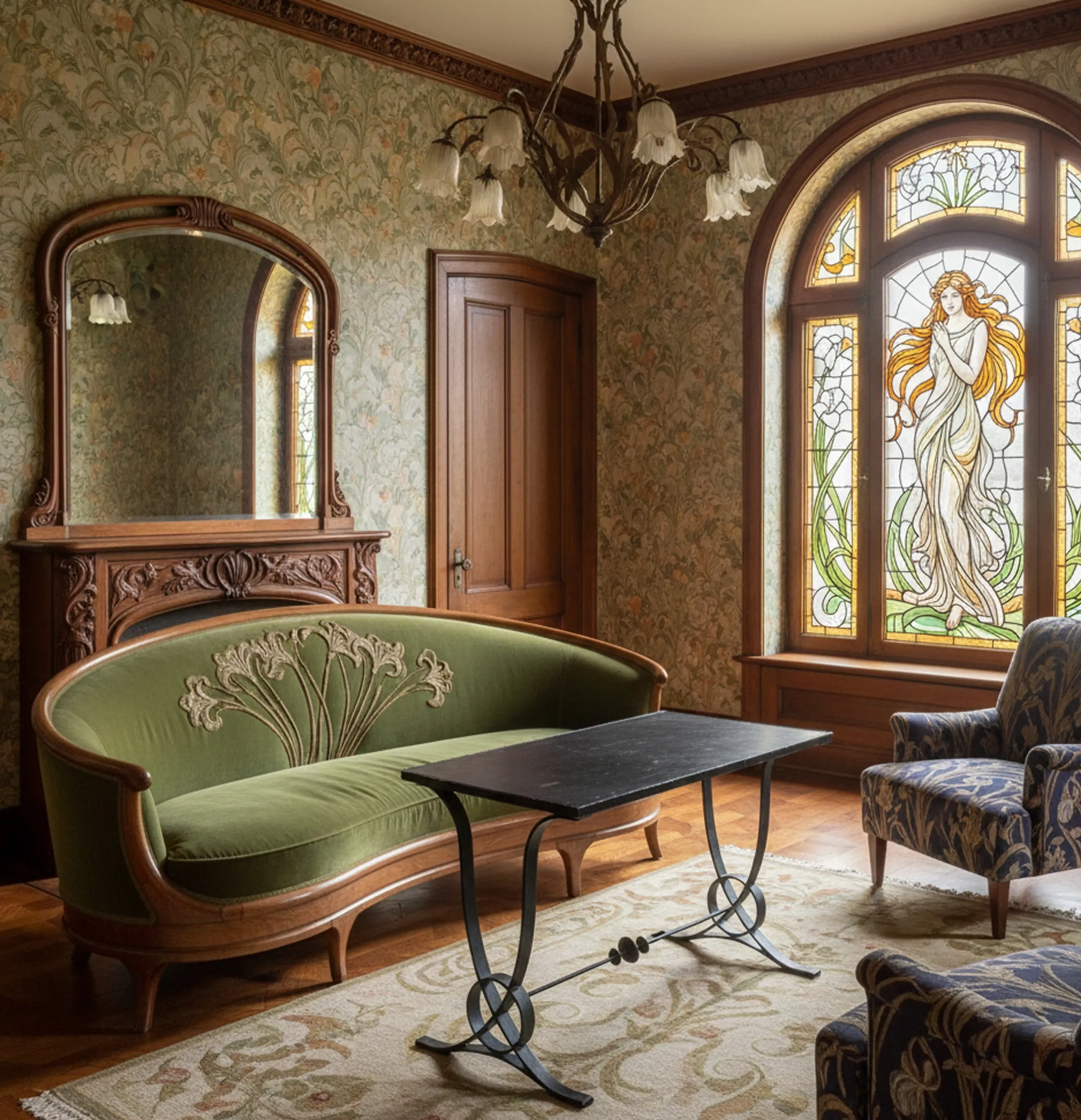 Antique classic table in a room decorated with floral wallpaper and stained glass windows.