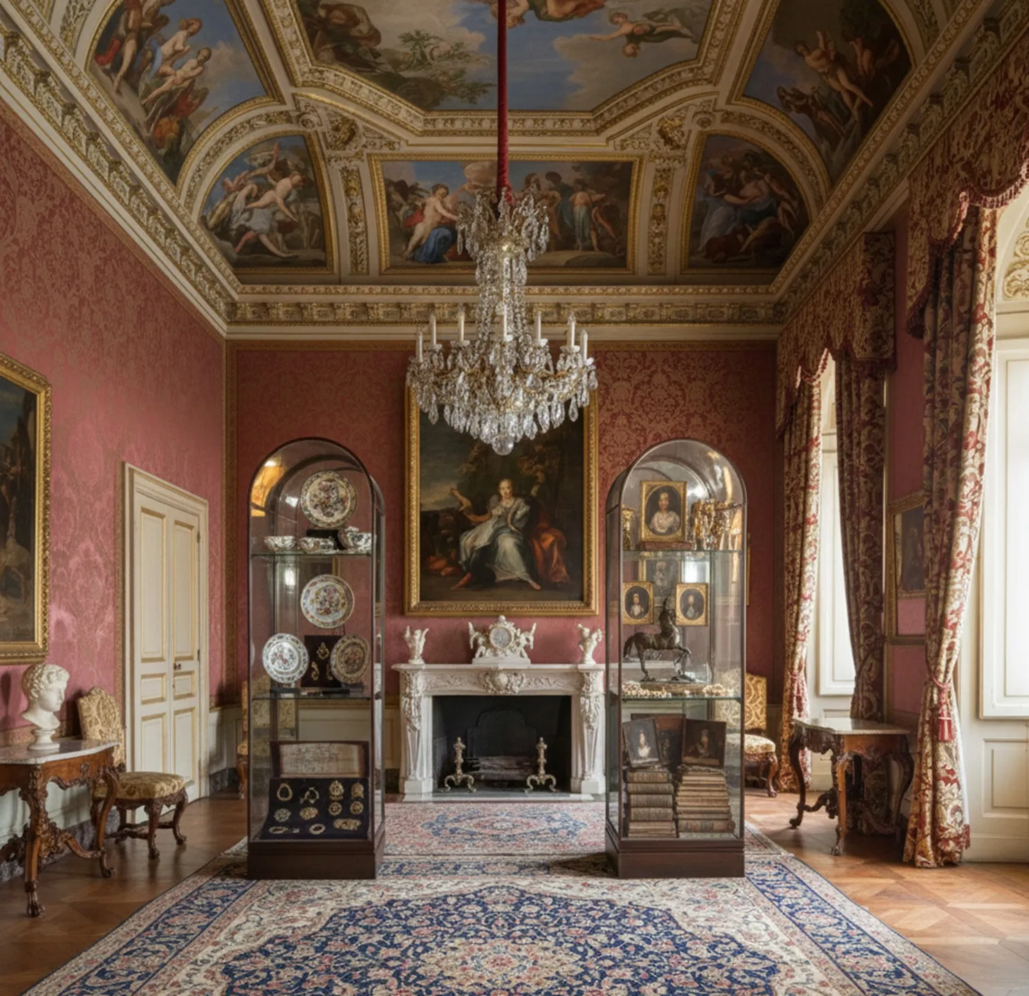 Two antique display cabinets with decorative details in a luxurious setting featuring elegant furniture and a chandelier.