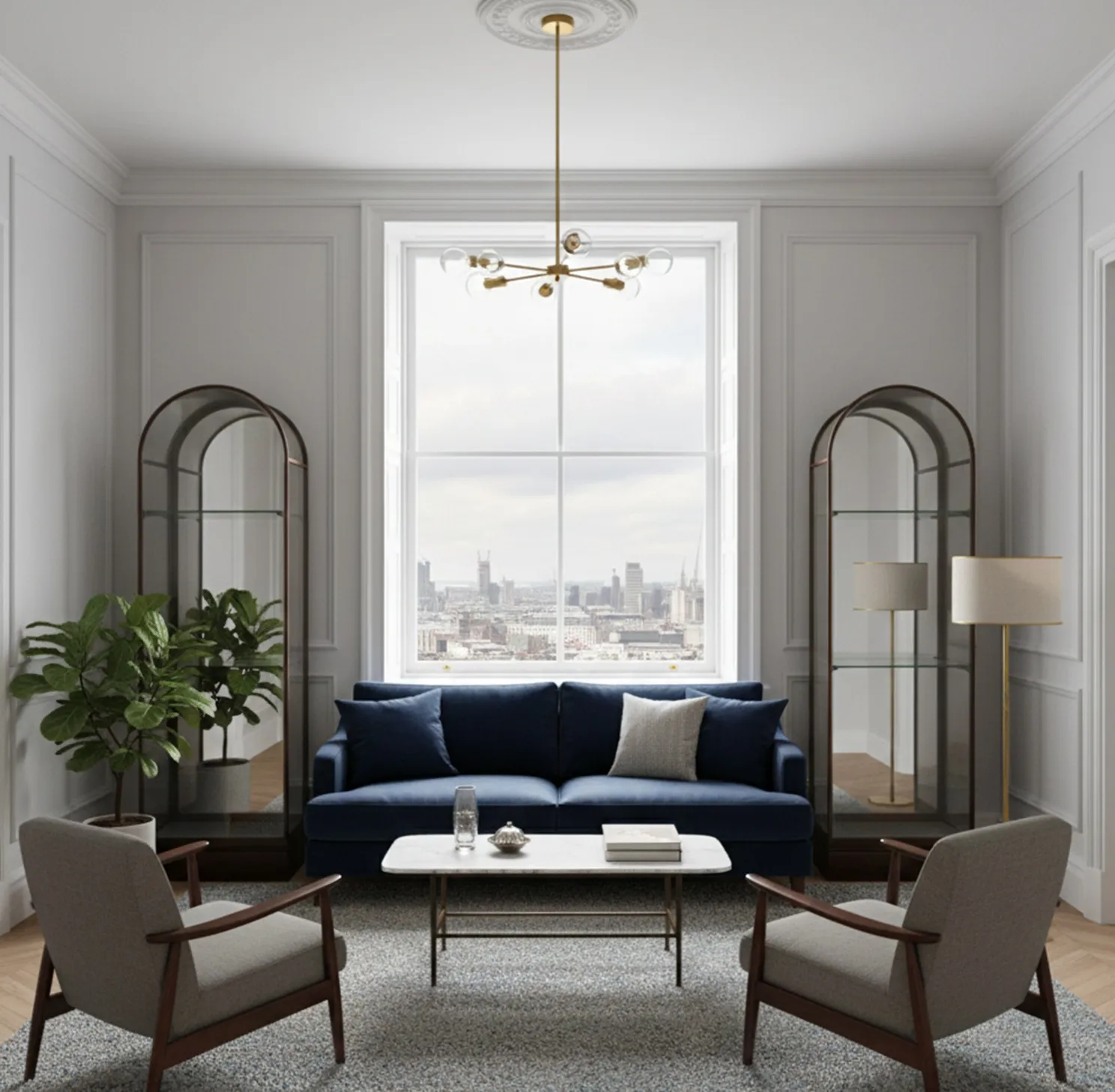 Antique glass display cabinets in a modern room with blue sofa