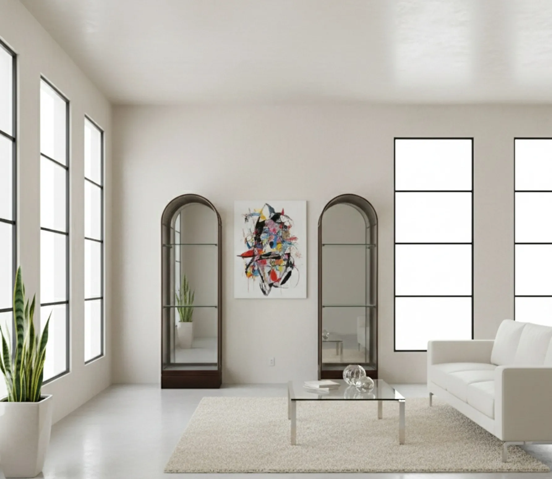 two antique display cabinets with shelves, in a modern setting.