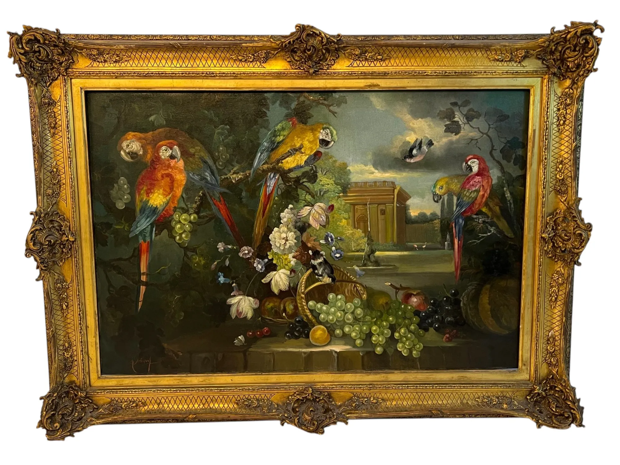 pintura antiga com aves exóticas em um cenário natural