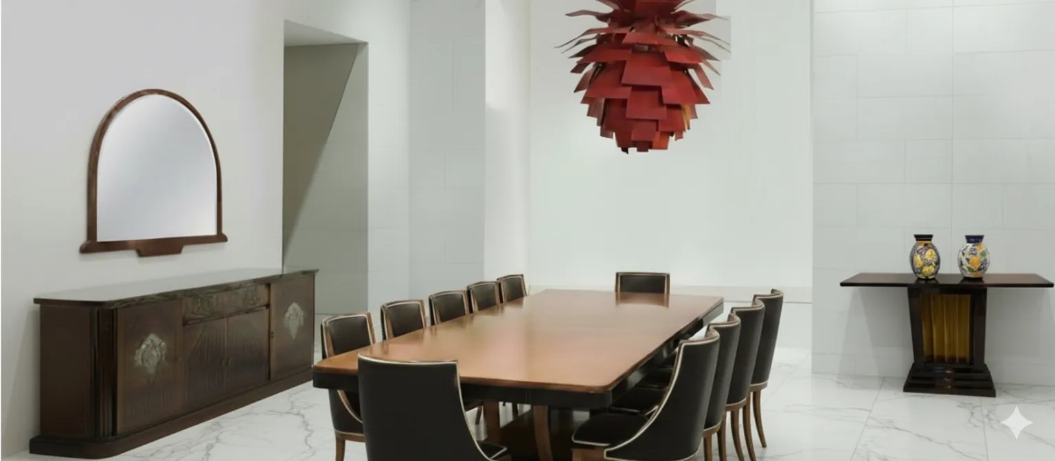 Mesa de jantar antiga de madeira com cadeiras elegantes e um espelho