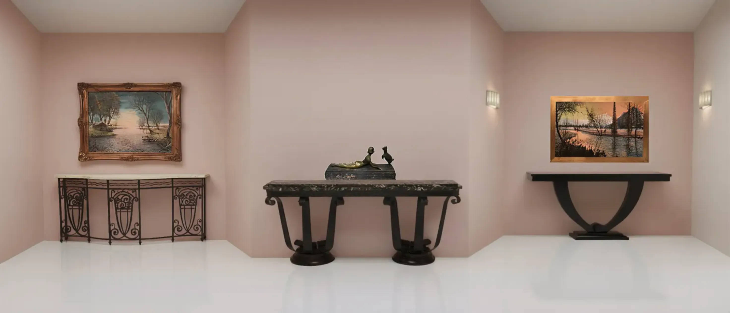 Consolas antigas com detalhes elegantes em um ambiente rosa.