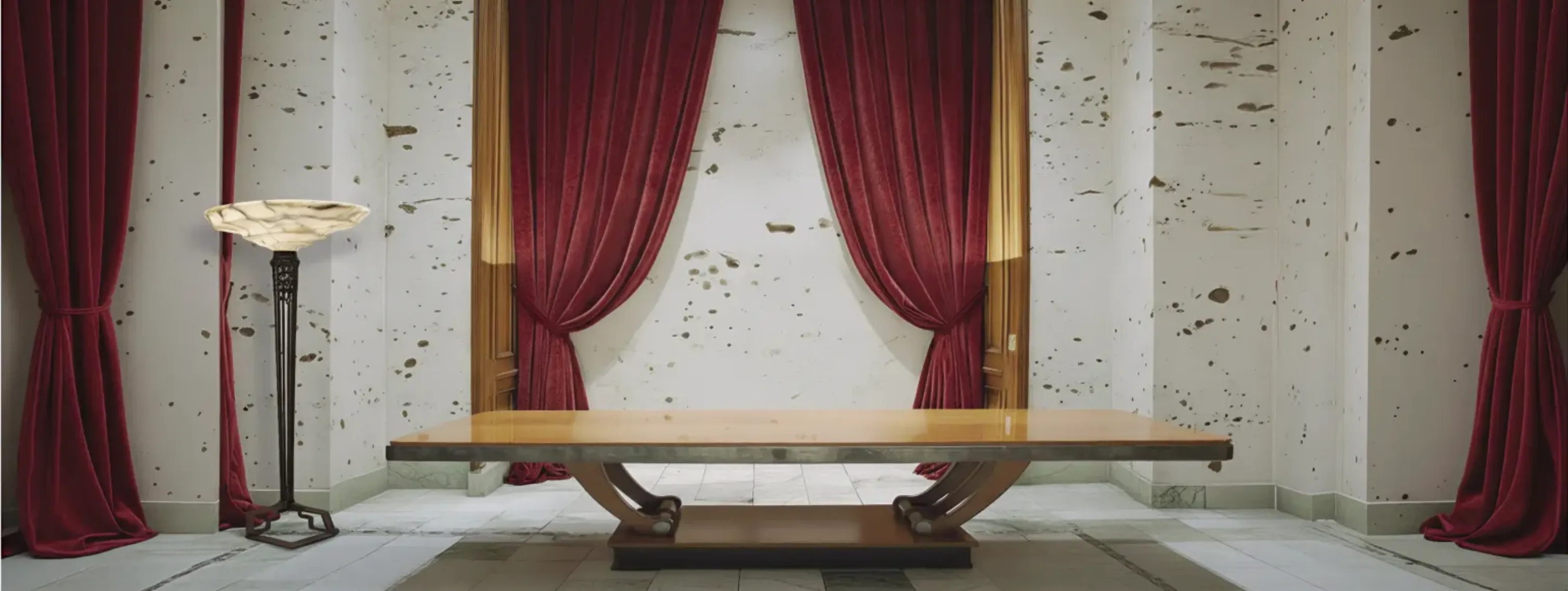 Mesa de jantar moderna com design Art Nouveau e cortinas vermelhas.