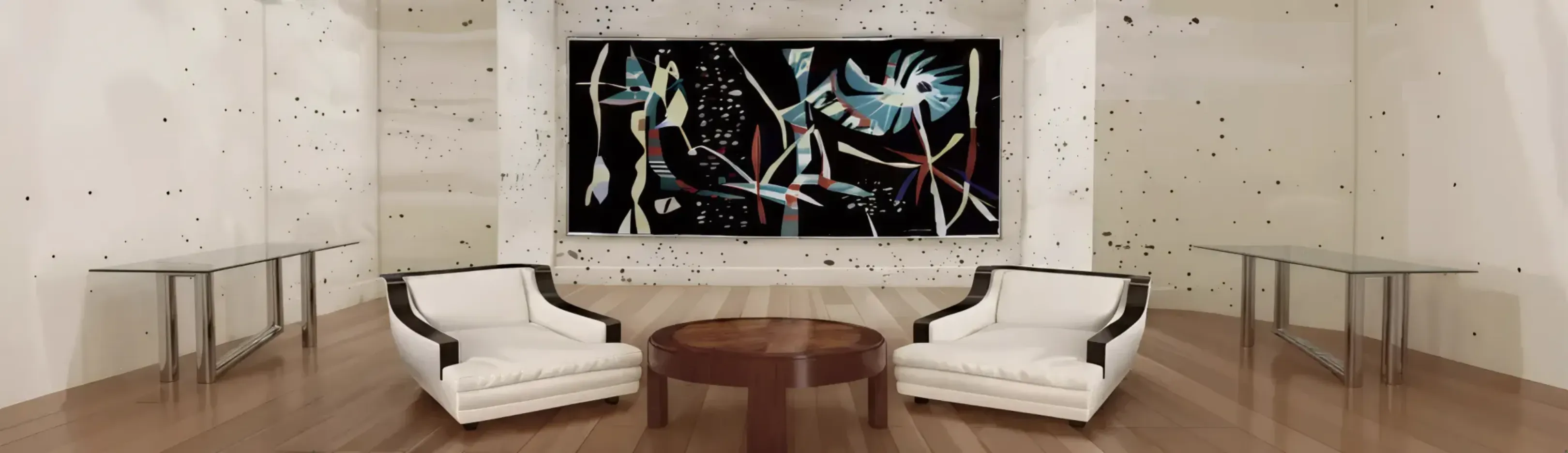 Mesas modernas com design minimalista em ambiente elegante, acompanhadas de cadeiras brancas e uma pintura artística.