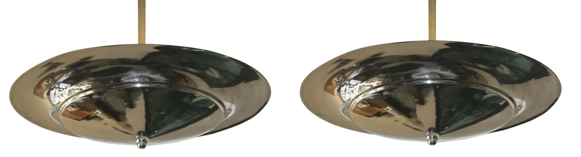 2 elegant antique hanging lamps, shiny and round.