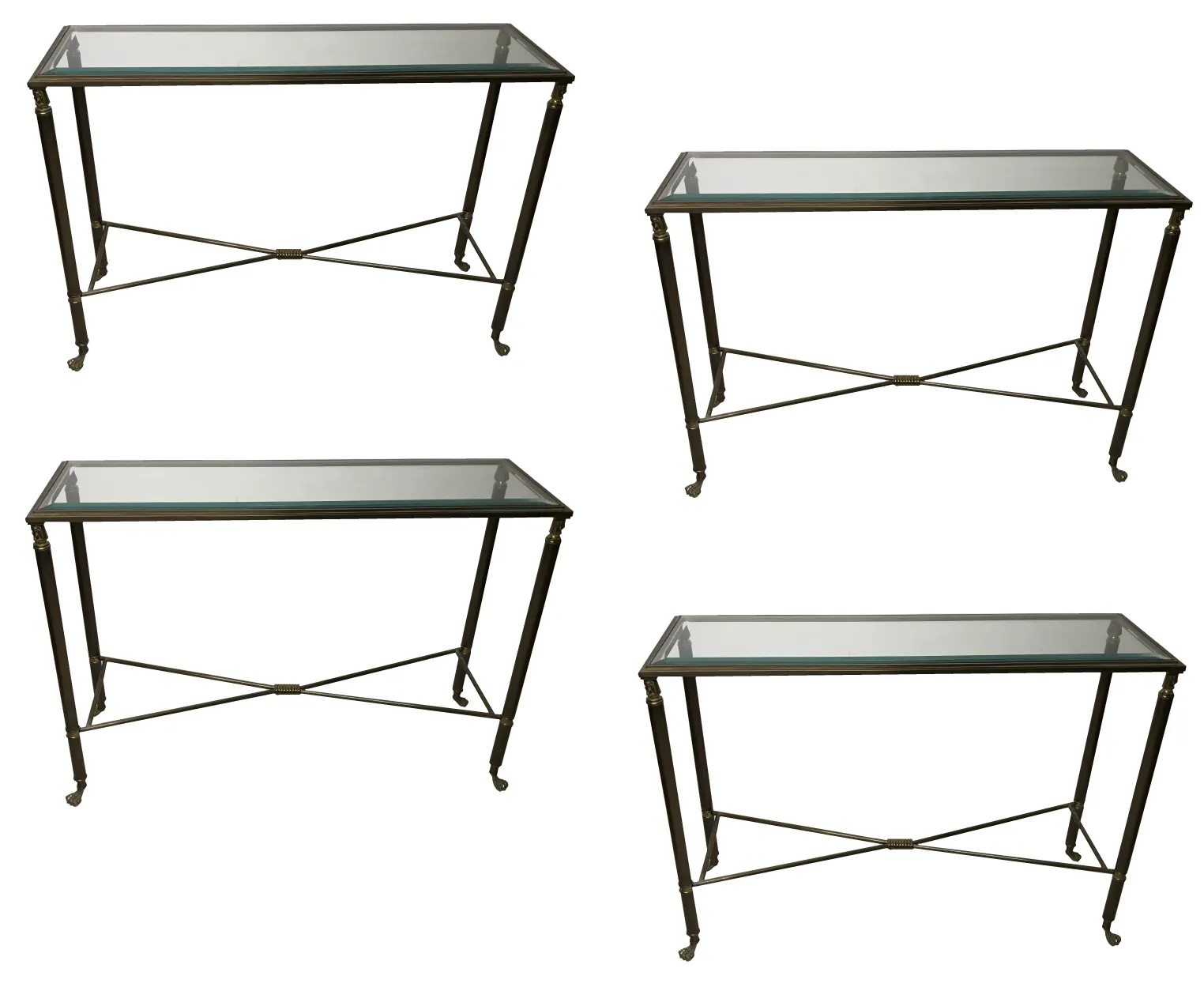Three antique consoles with classic design and glass