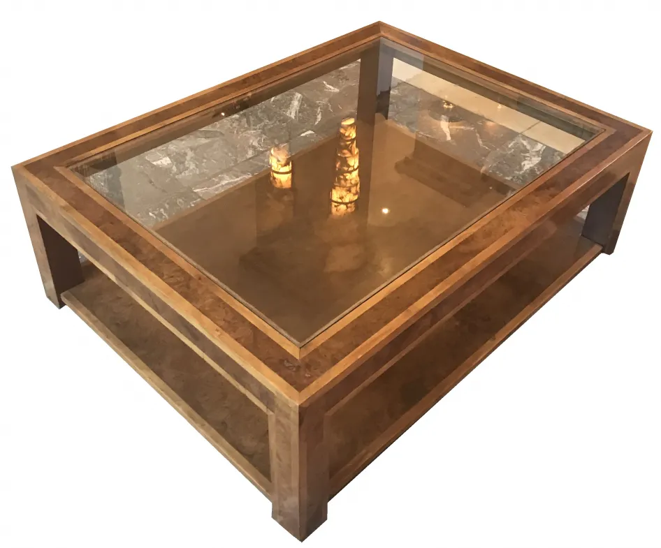 antique coffee table with a clear wood finish and glass top, decorative