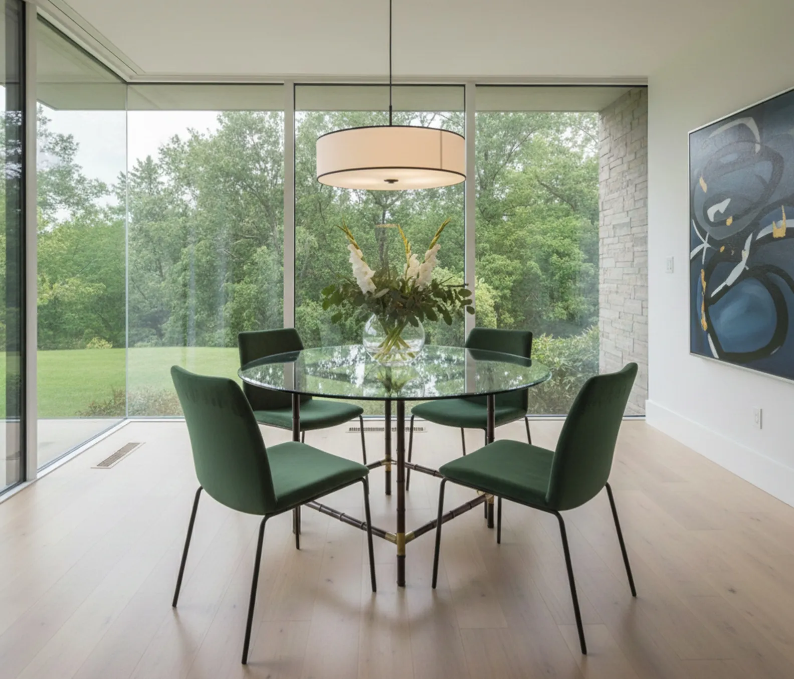 antique dining table with green chairs, modern and natural setting
