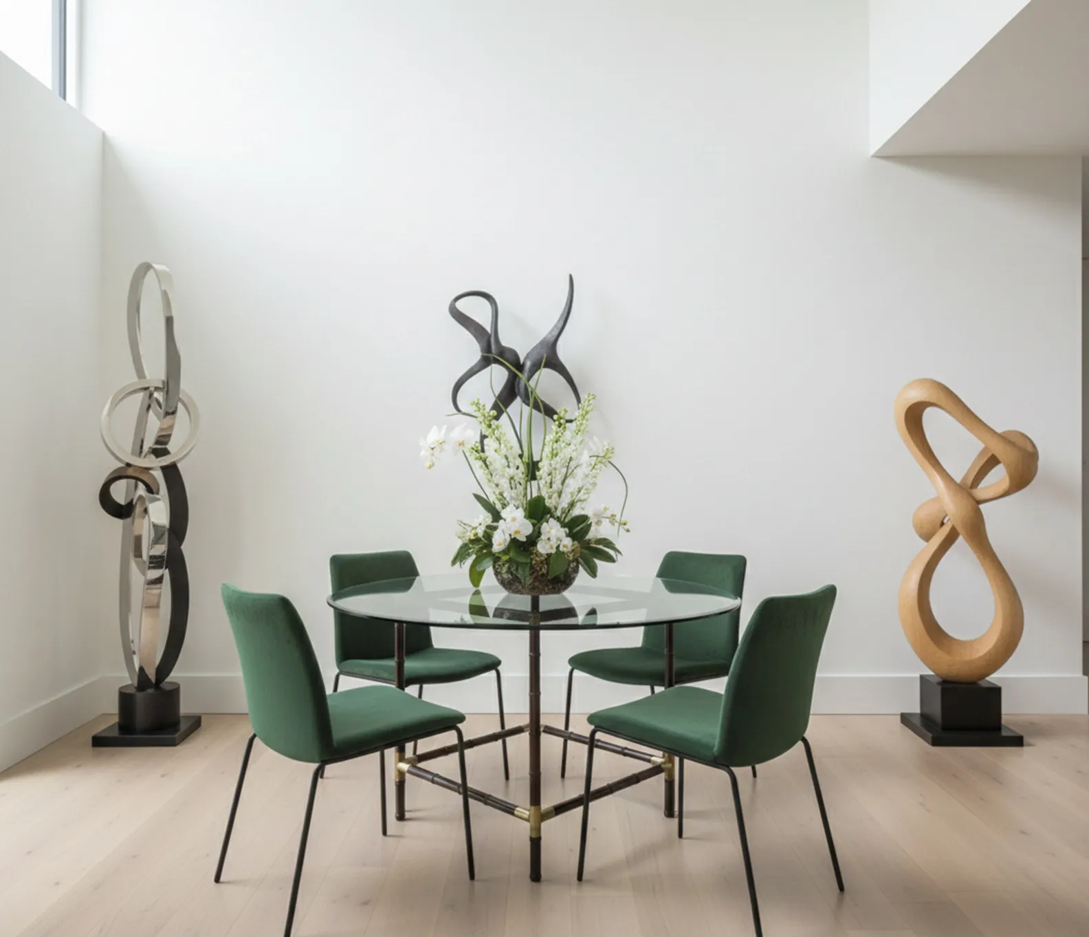 Antique dining table with green chairs and floral decorations.
