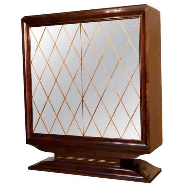 antique bookcase with decorative mirrors on the front