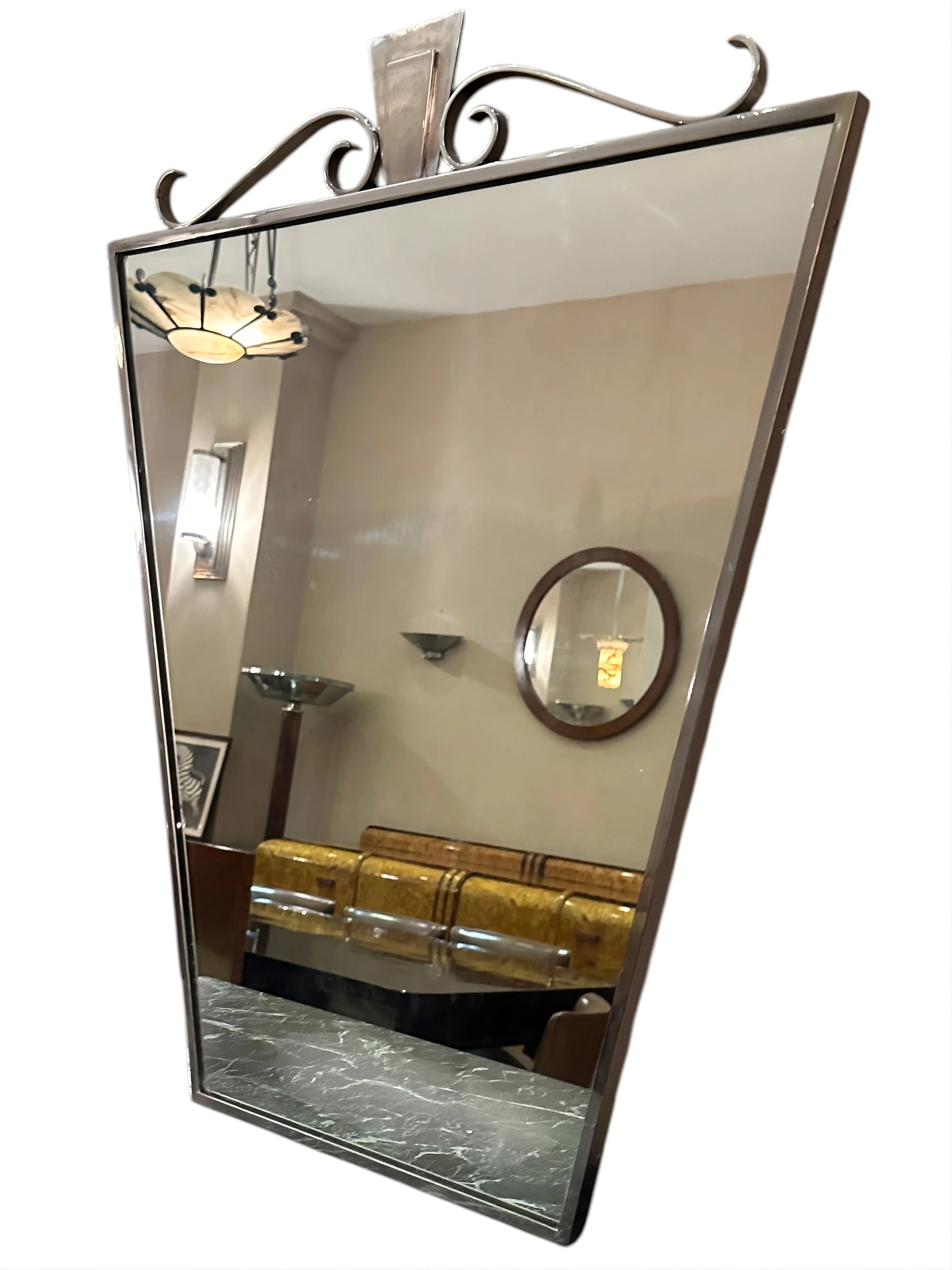 Unique shaped antique mirror, stylish interior ambiance.
