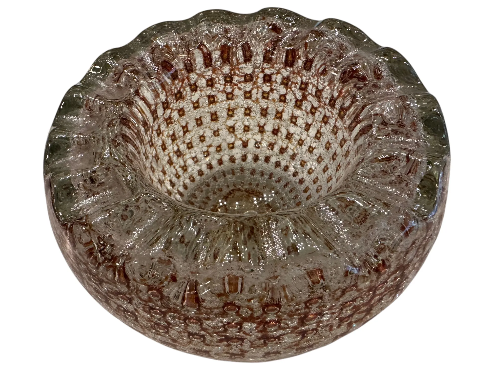 Antique decorative Murano glass vase with clear design and brown hues.