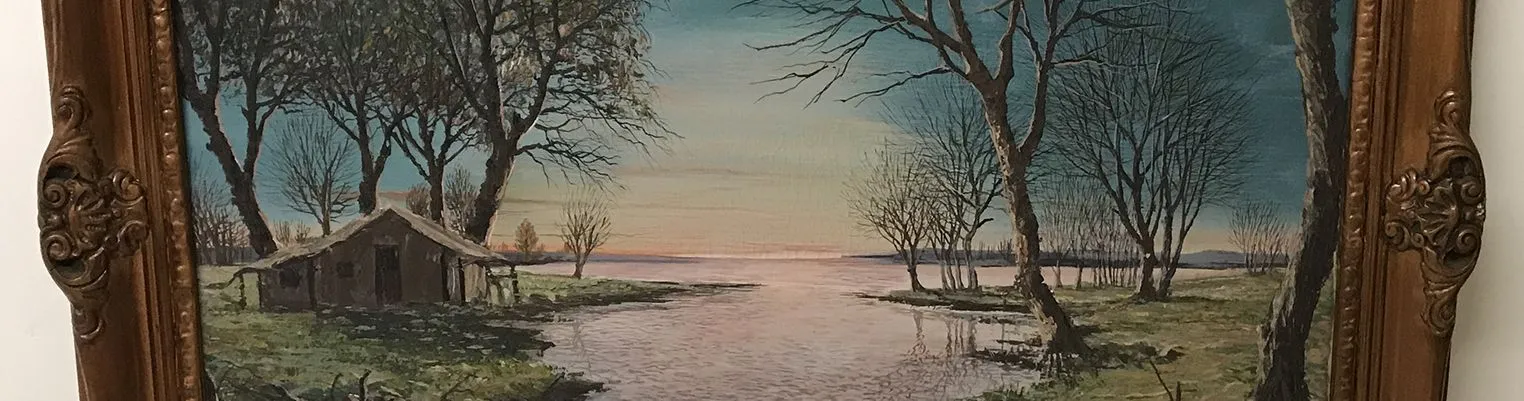 Antique painting of a river landscape with trees at sunset