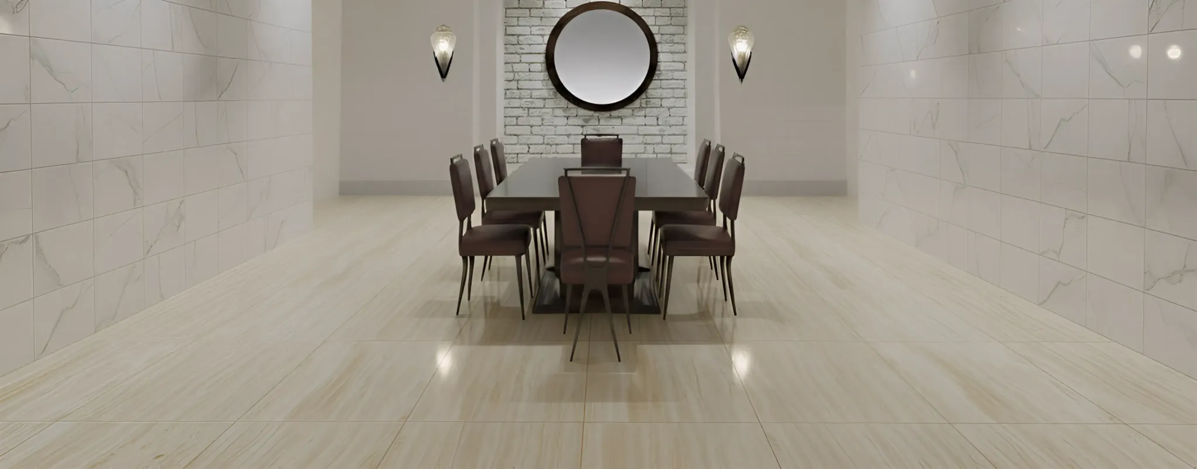 Round decorative mirror on white brick wall, with modern chair and table.