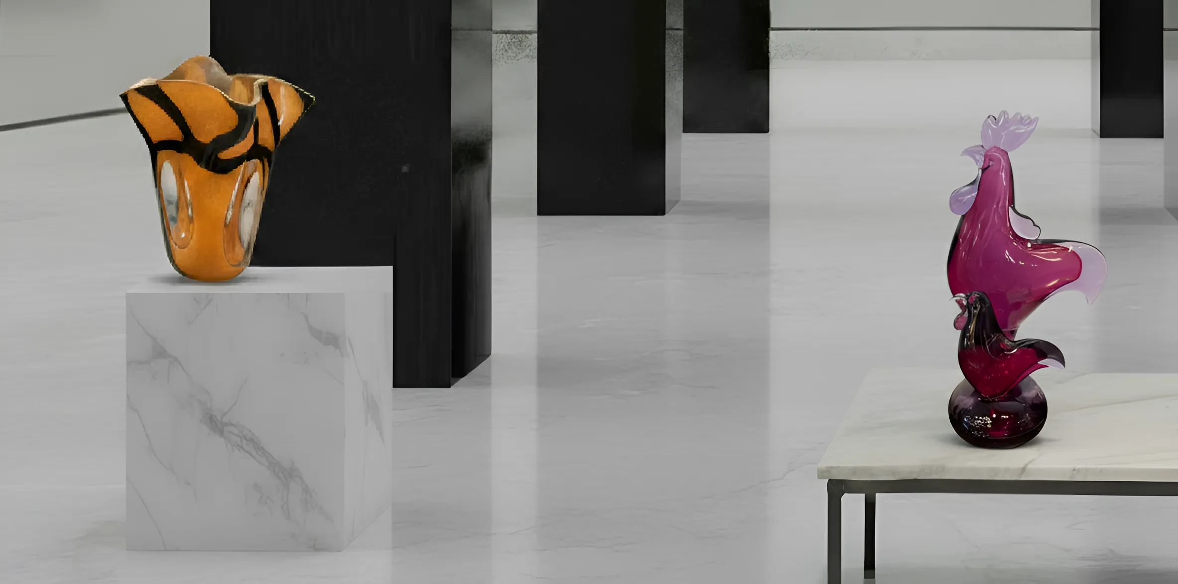 Decorative vase in orange and black tones in a modern setting.