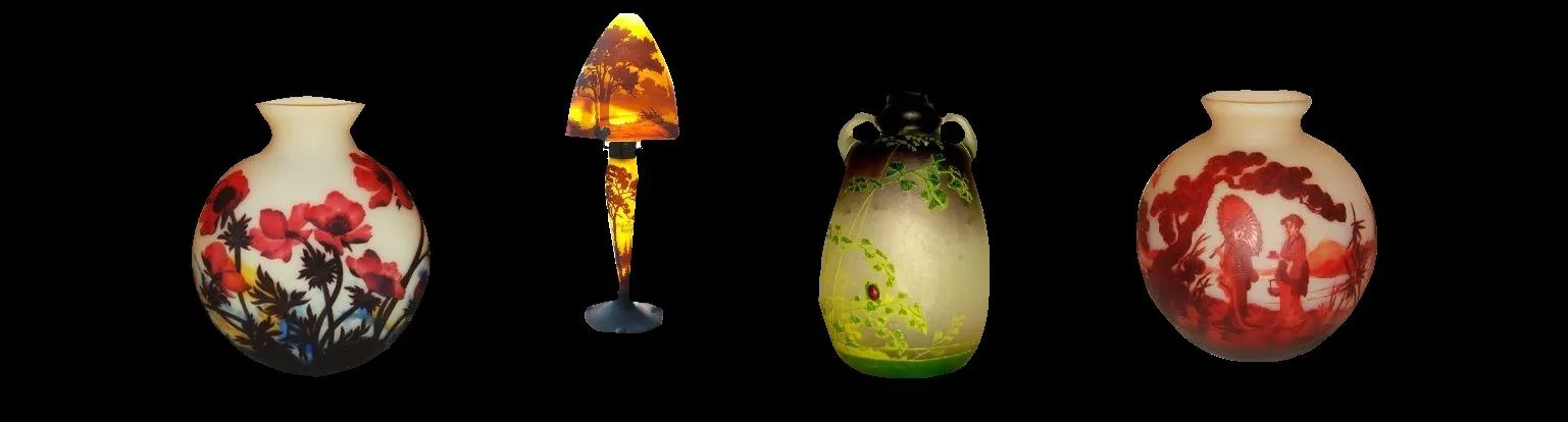 Muller Fres glass vases with floral patterns in an antique setting