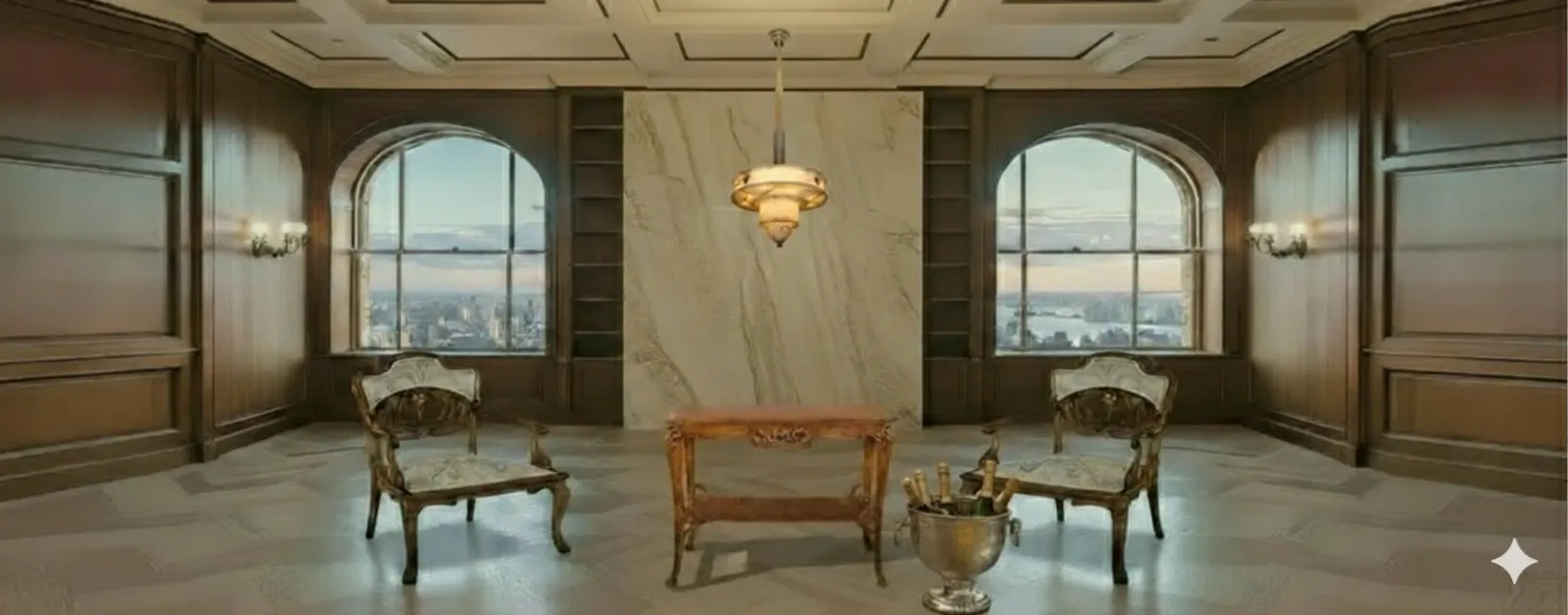 Classic champagne coolers in an elegant luxury setting with antique chairs and large windows.