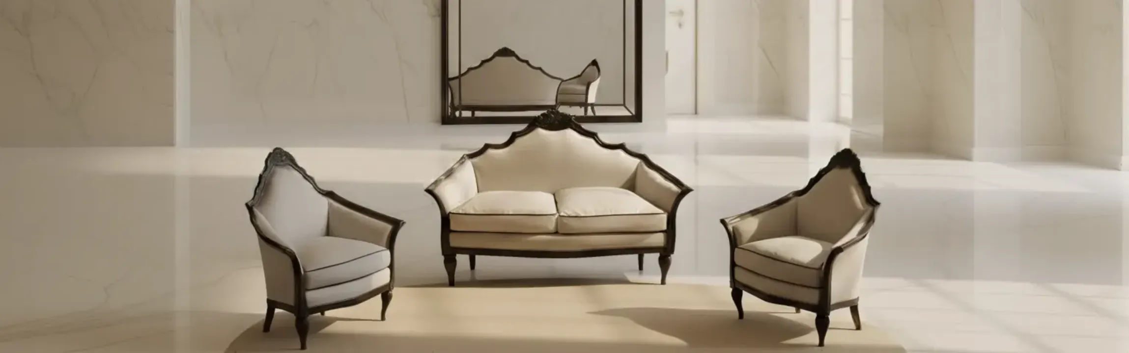 Set of antique armchairs and sofa in a light minimalist environment.