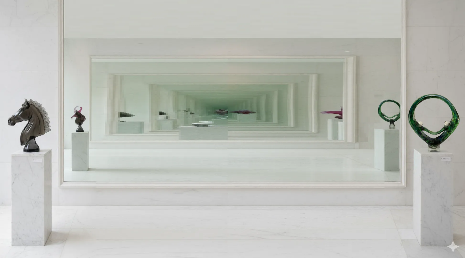 Modern Murano sculptures in a minimalist setting with reflections