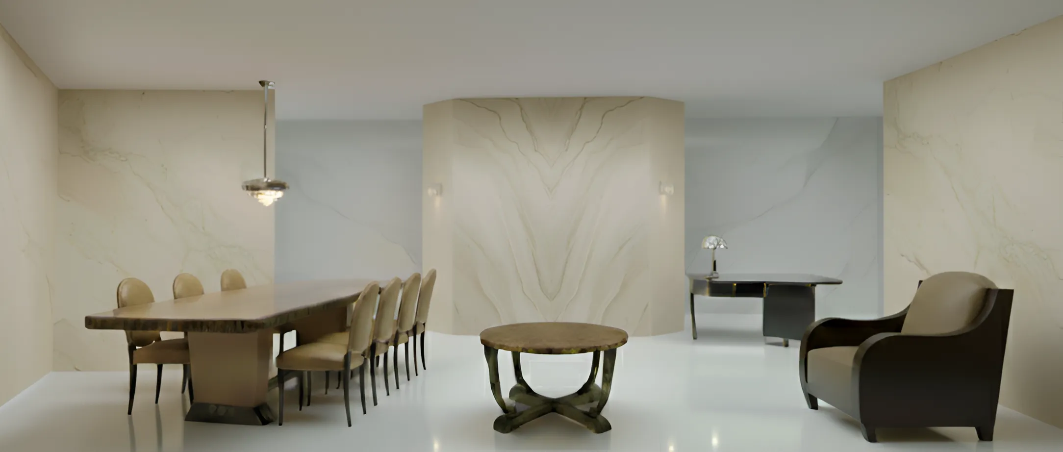 Modern dining table with antique chairs in a stylish setting.