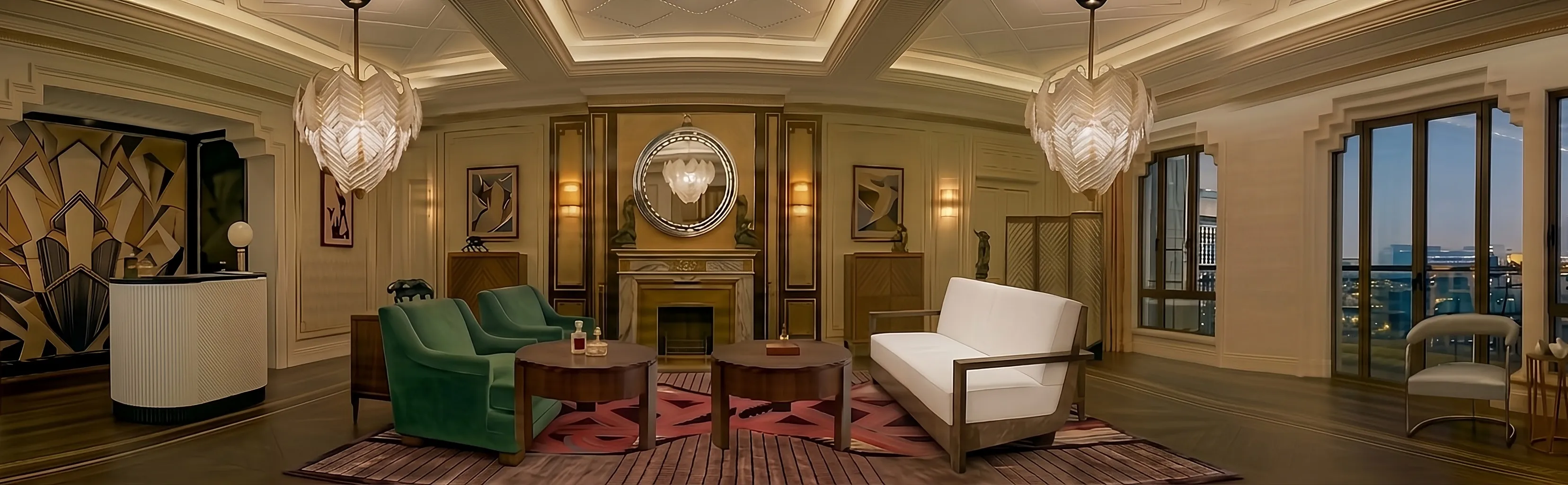 Antique coffee tables in an elegant setting with lamps.