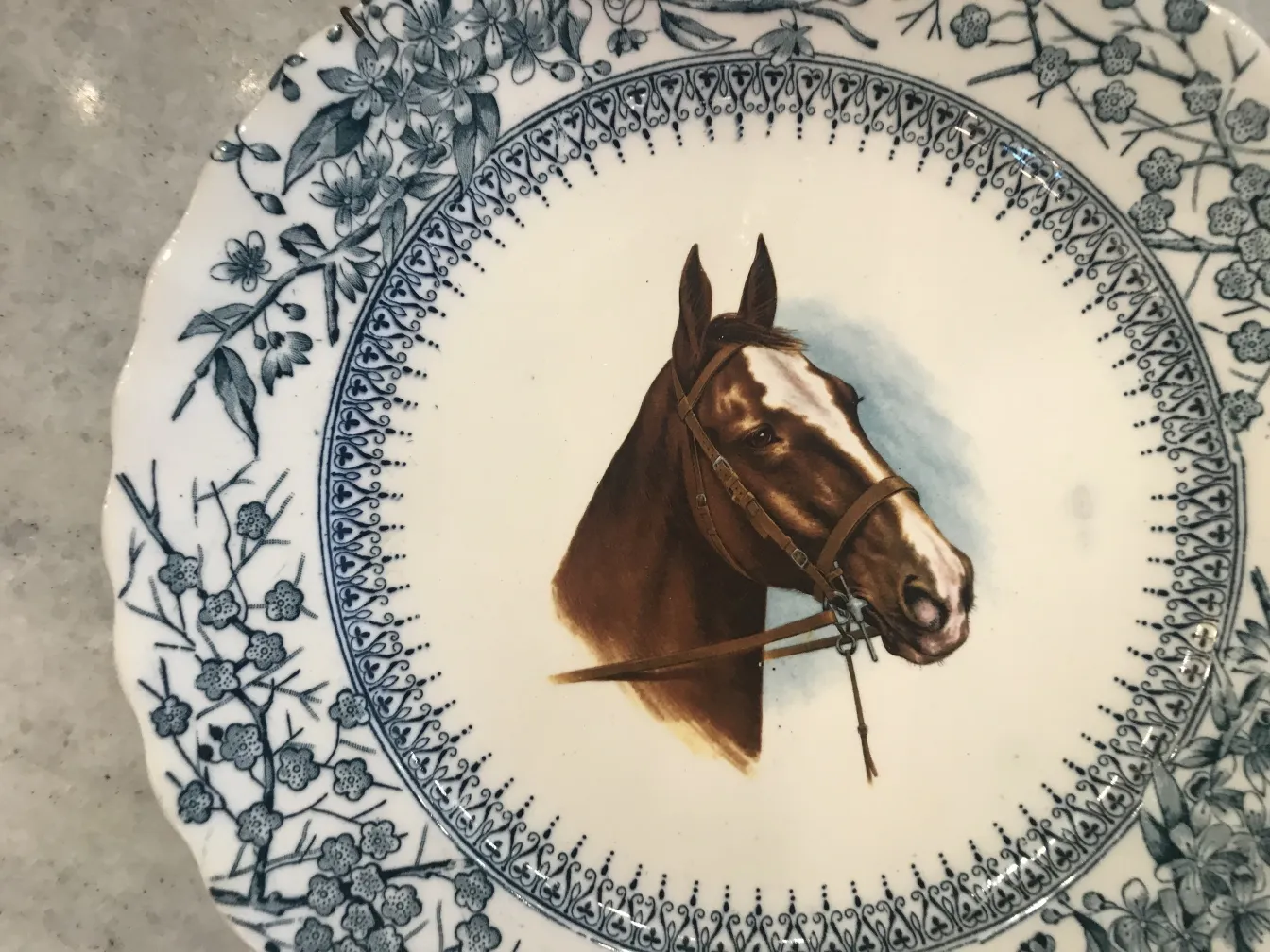 Assiette ancienne présentant une image de cheval avec décorations florales bleues.
