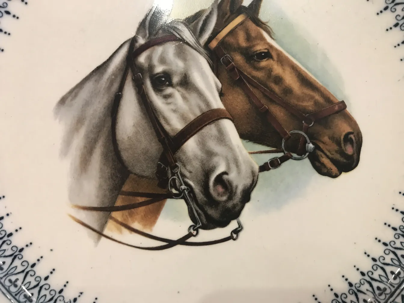 Antique ceramic plate featuring horse portraits