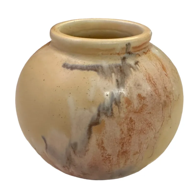 Vaso di ceramica antico con motivi naturali e tonalità terrose.
