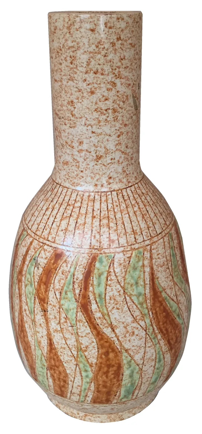 Vase en céramique ancienne avec motifs oranges et verts