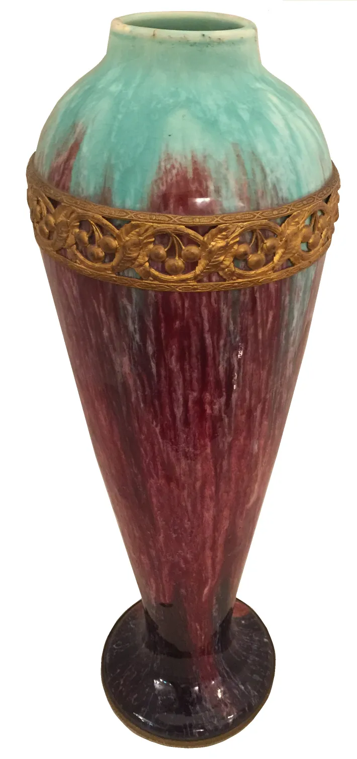 Antike Keramikvase mit blauer und roter Glasur