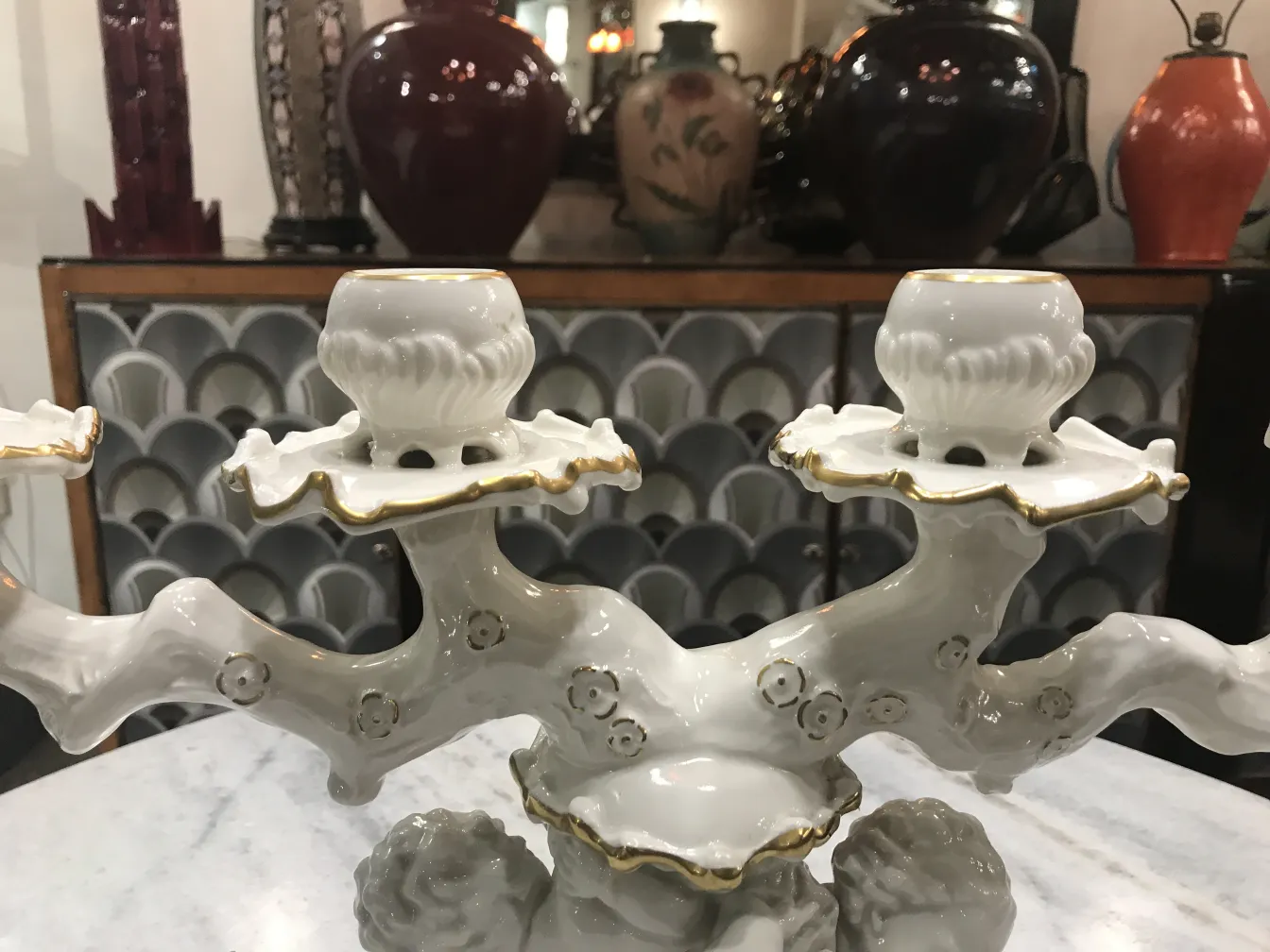 Candelabre en céramique ancien de Hutschenreuther Selb avec des détails dorés et des fleurs