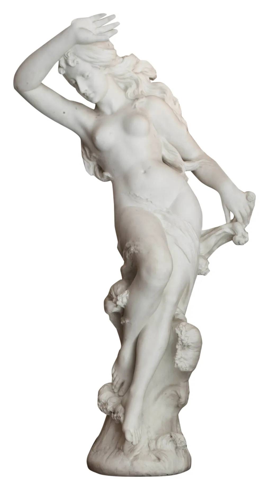 beautiful ancient sculpture depicting a female figure in motion