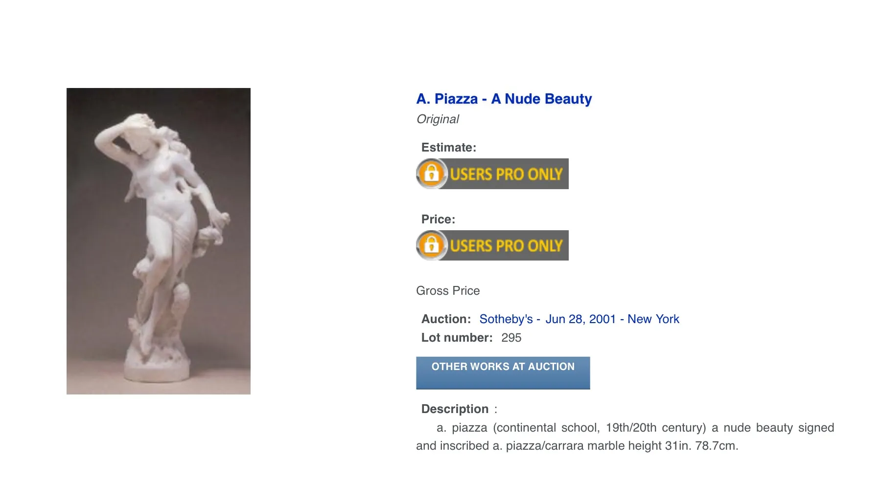 antique sculpture by a. piazza, female figure with fine details in a neutral setting