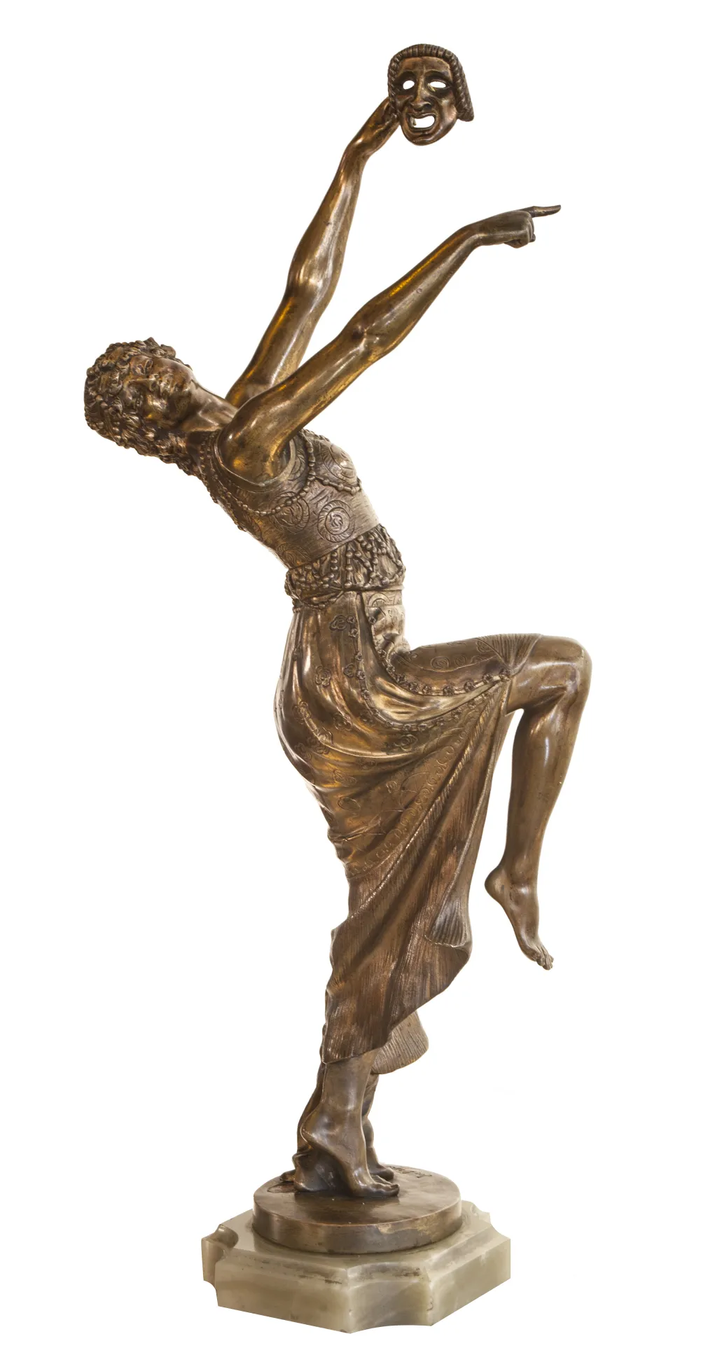 antique sculpture of a dancing figure with decorative details and base