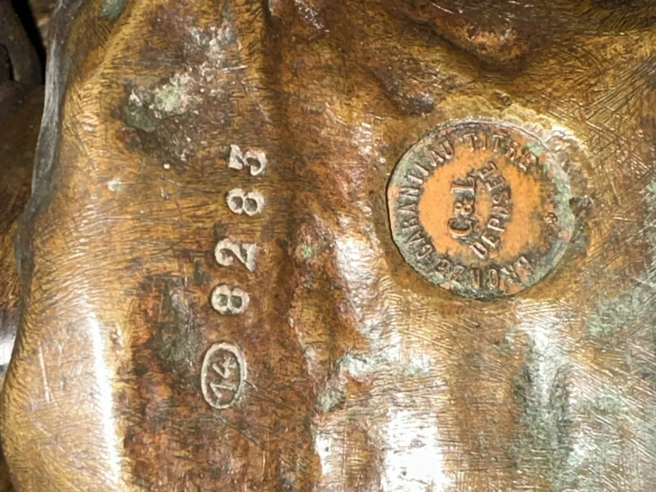 Scultura antica dettagliata con iscrizione e ambientazione rustica.