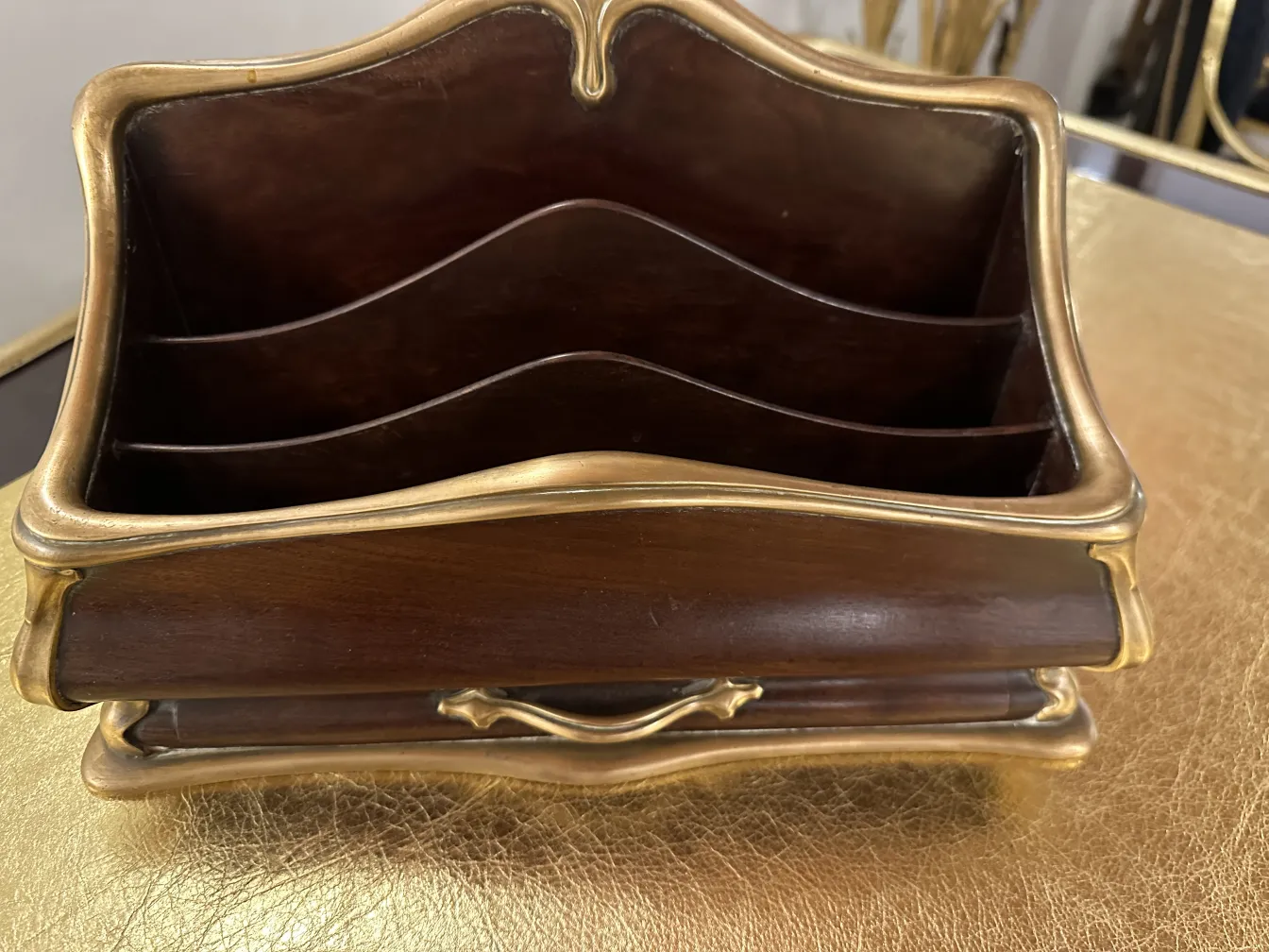 antique Orfevre desk with gold accents and compartments