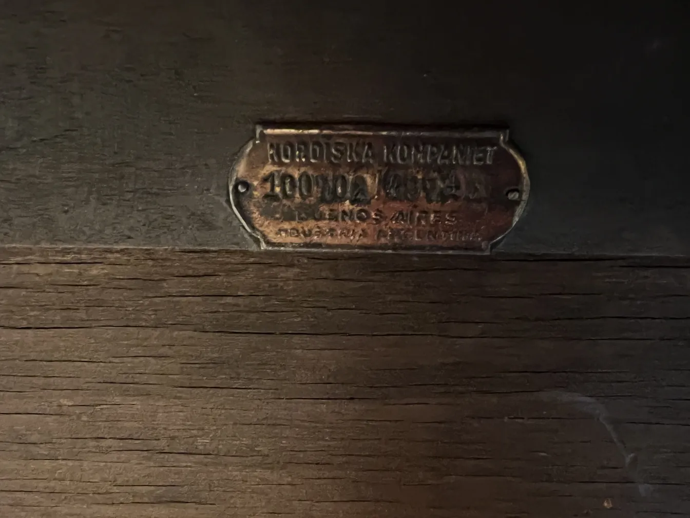 Identification plate of antique desk by Nordiska Kompaniet